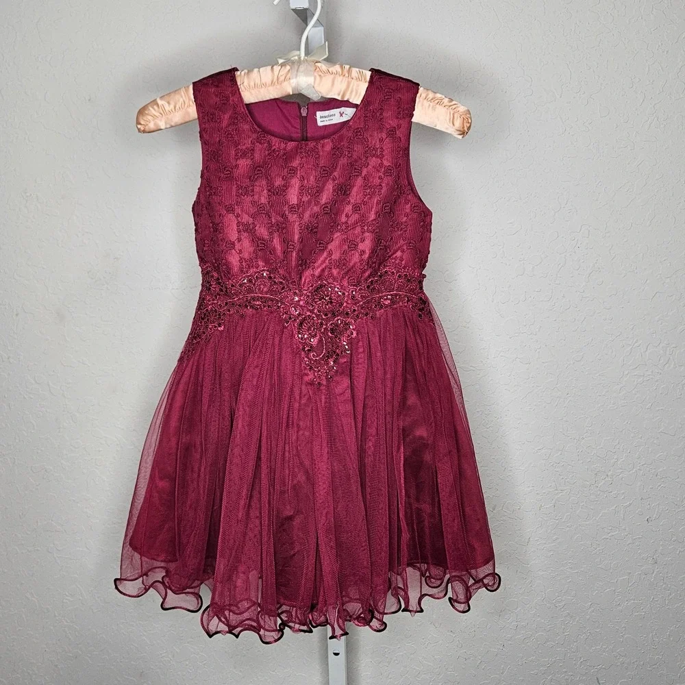 Beautees Girls Burgundy Sequin Tulle Party Dress Size 6X Formal Holiday Wine
